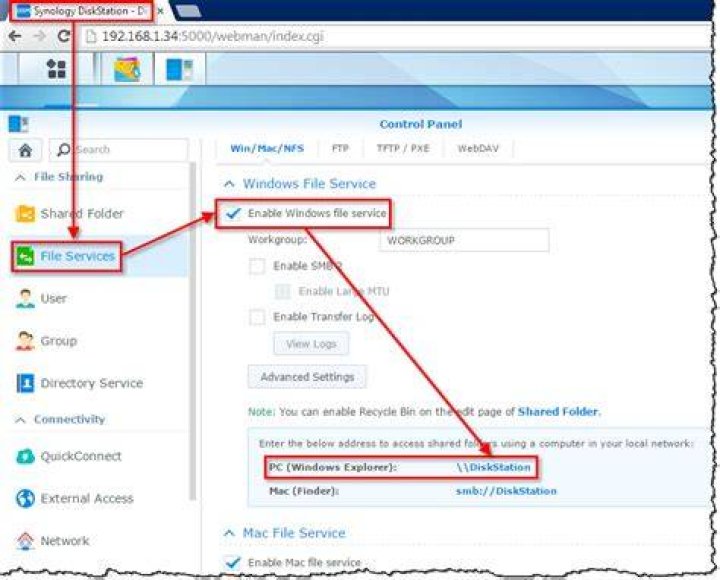 Synology DiskStation Manager File Services menu