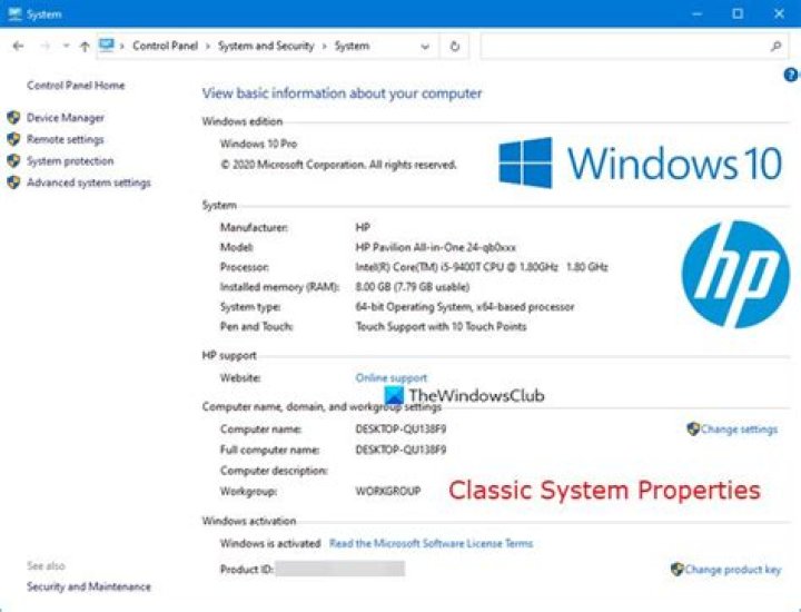 System Properties Windows 10 - Performance Up time