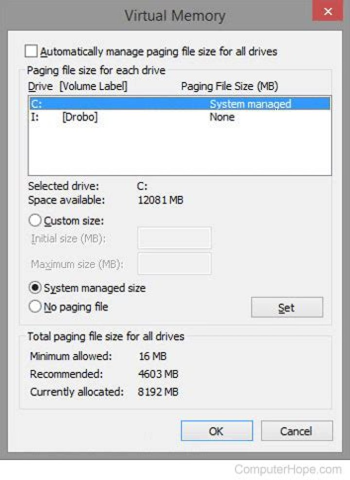 Virtual Memory page file settings