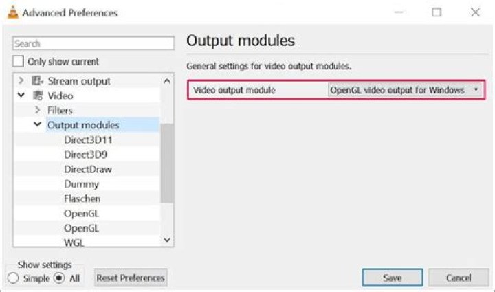 VLC Video Output Module Windows GDI selected