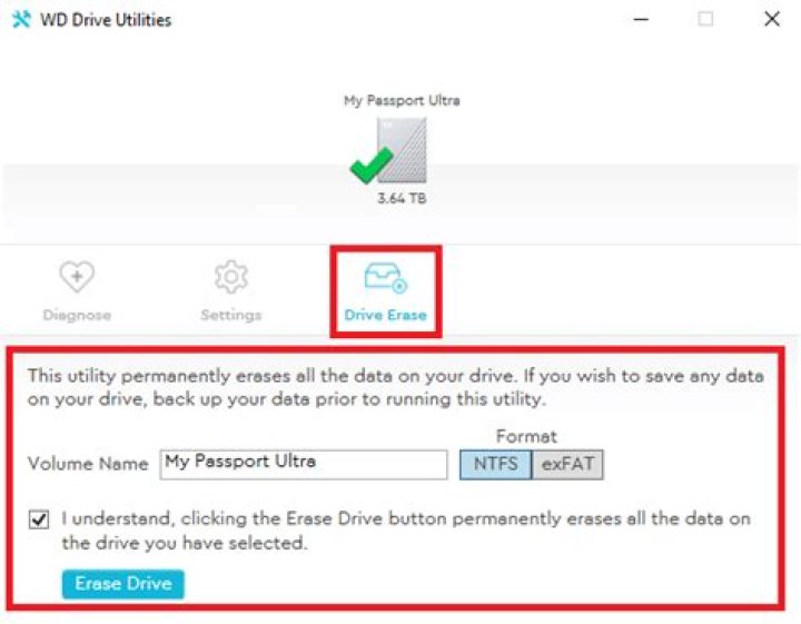 WD Drive Utilities, Drive Erase, My Passport