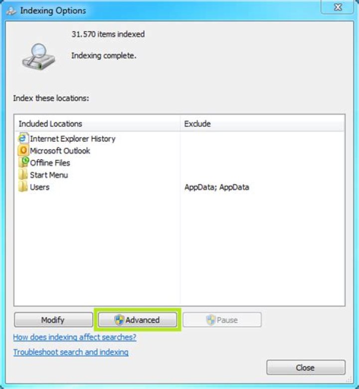 Windows 7 Indexing Options