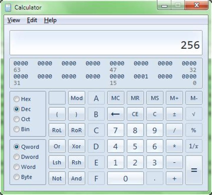 Windows Calculator showing 256 in decimal and binary