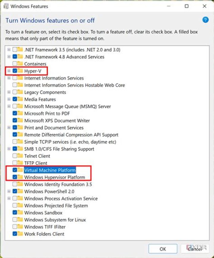 Windows features screenshot