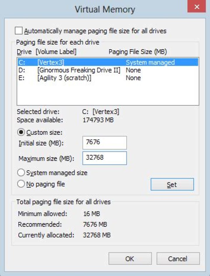 Windows pagefile size with large RAM and SSD