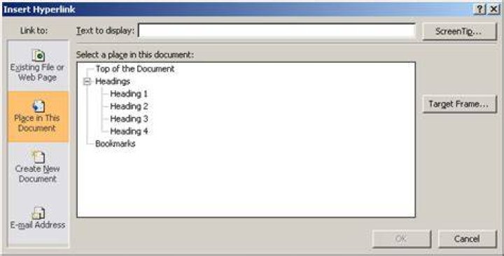 Word Insert Hyperlink dialog box